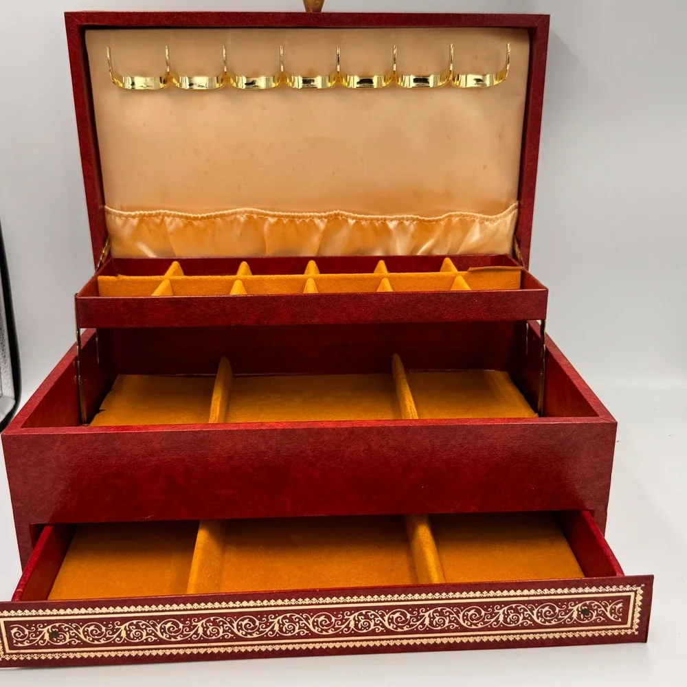Vintage Red Faux Leather Jewelry Box Gold Filigree 3-Tier Cantilever Drawer